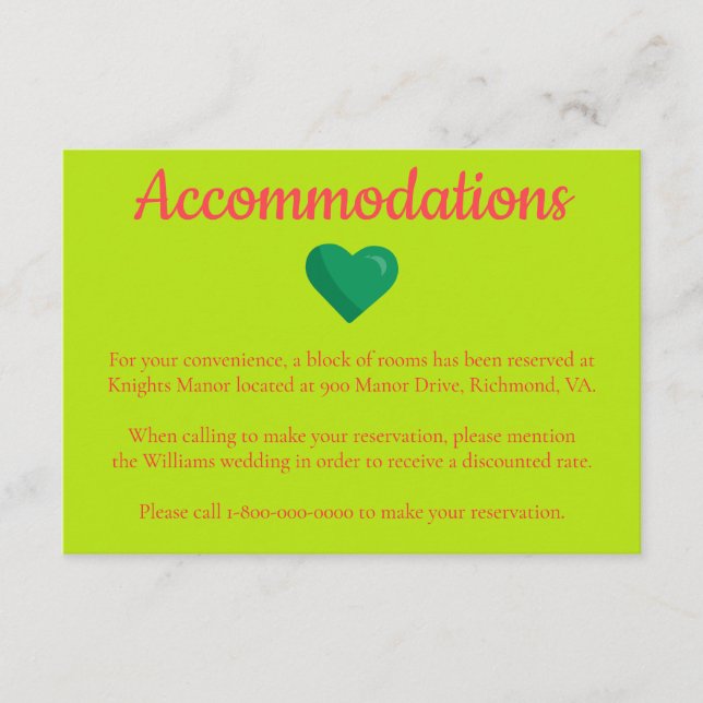 Carte D'accompagnement Hébergement Mariage à thème de coeur (Devant)