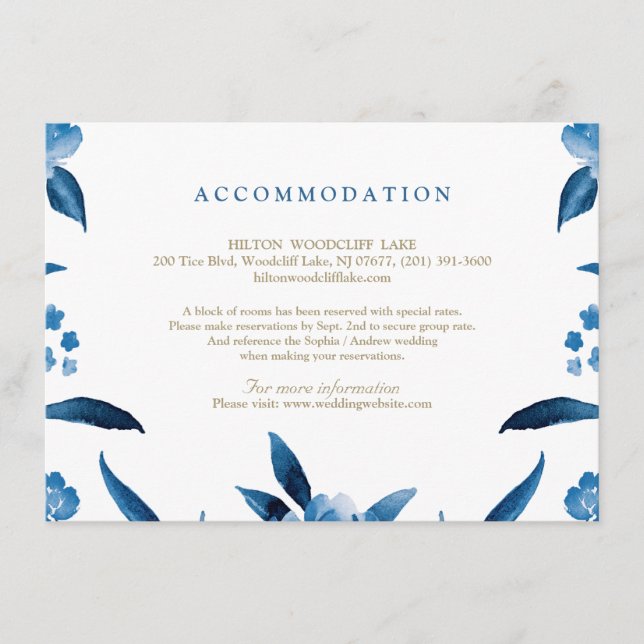 Carte D'accompagnement Hébergement Mariage floral bleu (Devant)