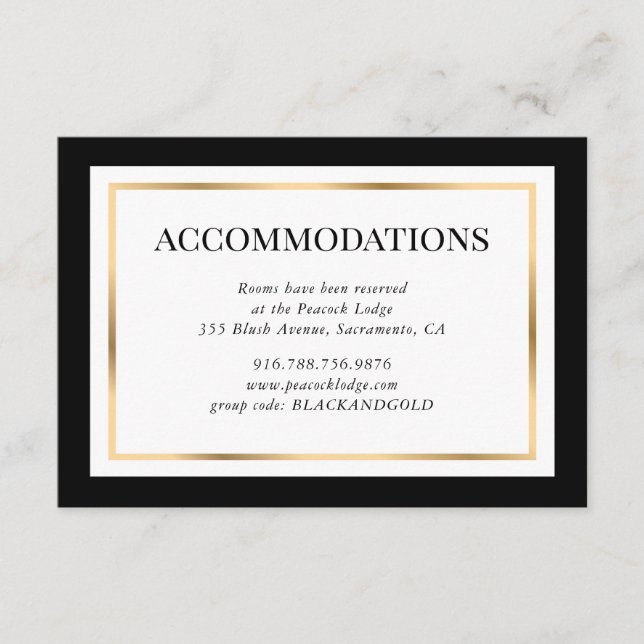 Carte D'accompagnement Hébergement moderne Mariage noir blanc et or (Devant)
