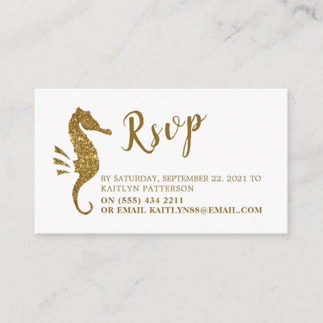 Carte D'accompagnement Hippocampe avec paillettes dorées RSVP (Devant)