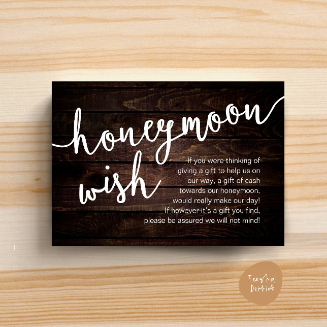 Carte D'accompagnement Honeymoon Wish Cash Fund, une note de cadeaux (Honeymoon Fund Cash Wish, a note on gifts Enclosure Card Rustic Dark Wood)