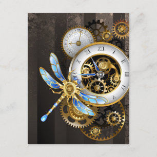 Carte D'accompagnement Horloge à vapeur avec libellule mécanique