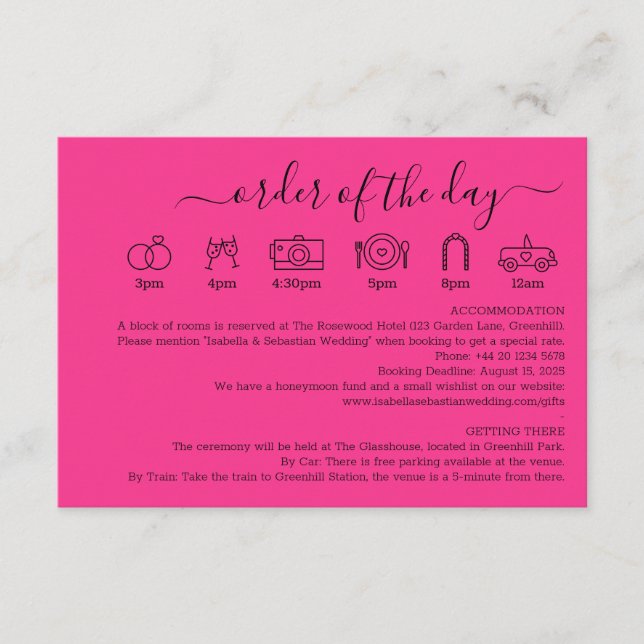 Carte D'accompagnement Hot Pink Fuchsia Wedding Details Order Of The Day (Devant)