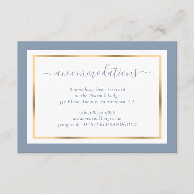 Carte D'accompagnement Hôtel moderne Dusty Blue and Gold Mariage (Devant)