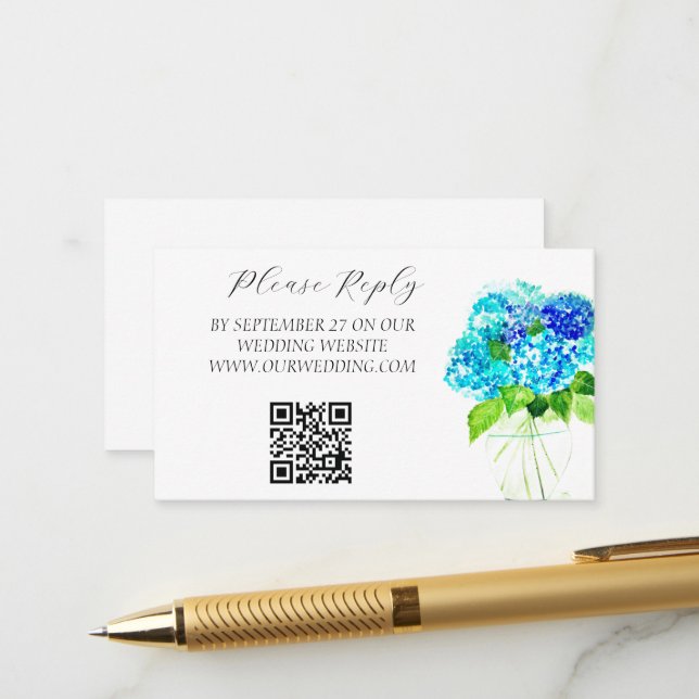 Carte D'accompagnement Hydrangea Aquarelle Bleu Fleurs Florales Mariage (Devant/Arrière en situation)