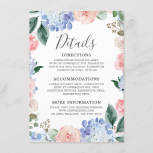 Carte D'accompagnement Hydrangées bleu pâle rose pastel mariage