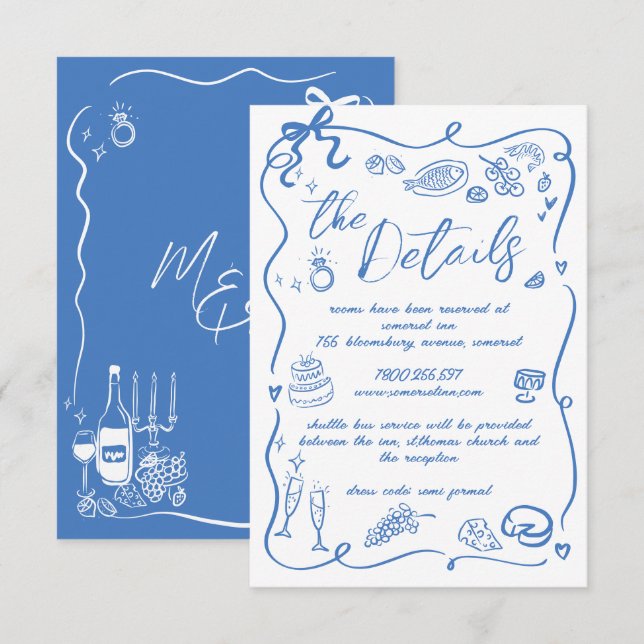 Carte D'accompagnement Illustrations à la main Doodles Détails du Mariage (Devant / Derrière)