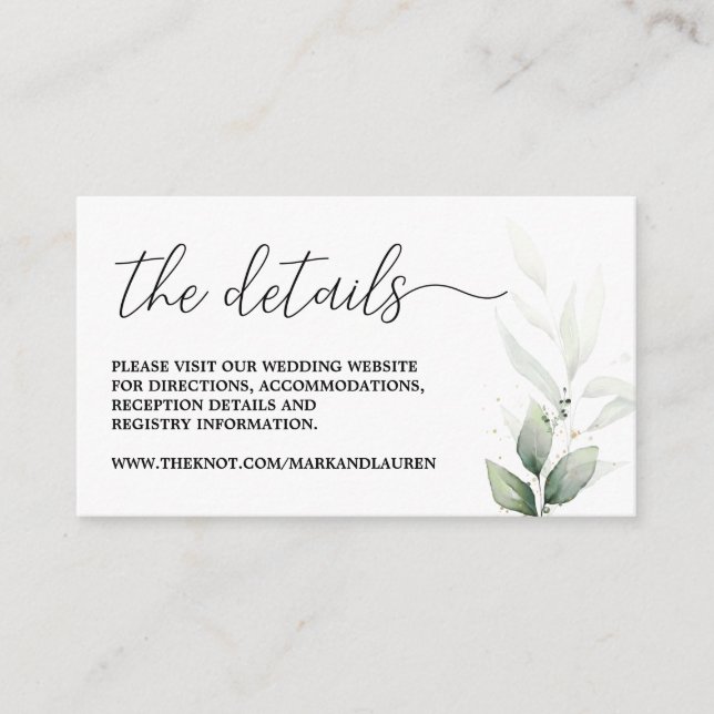 Carte D'accompagnement Info sur le site web du Mariage Simple Greenery (Devant)