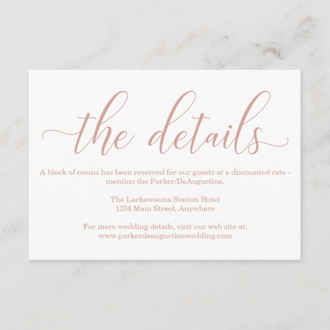 Carte D'accompagnement Informations sur la calligraphie rose or (Devant)