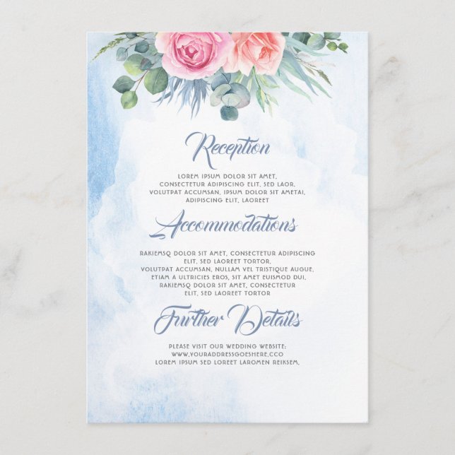 Carte D'accompagnement Informations sur le Mariage floral bleu et rose (Devant)