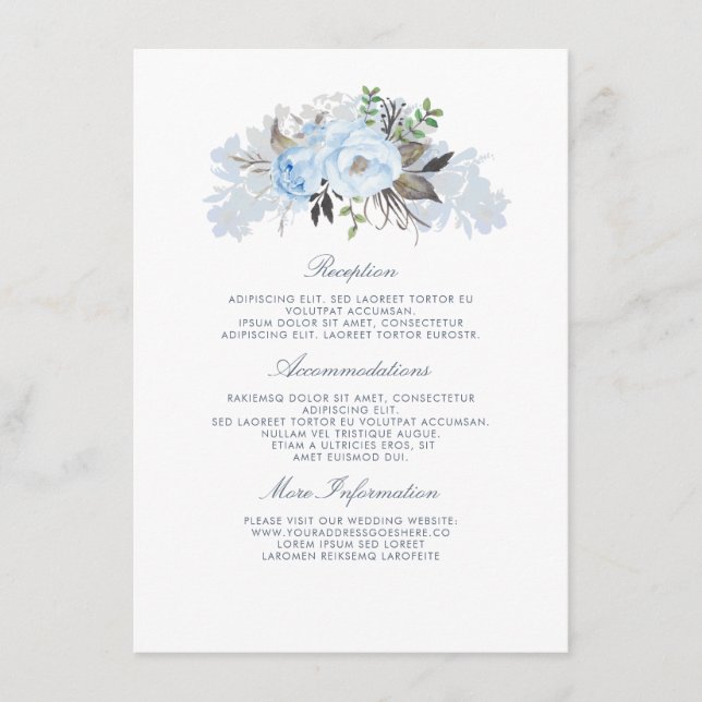 Carte D'accompagnement Informations sur le mariage floral bleu poussiéreu (Devant)