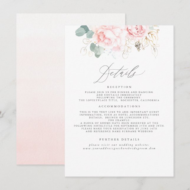 Carte D'accompagnement Informations sur le Mariage floral rose (Devant / Derrière)