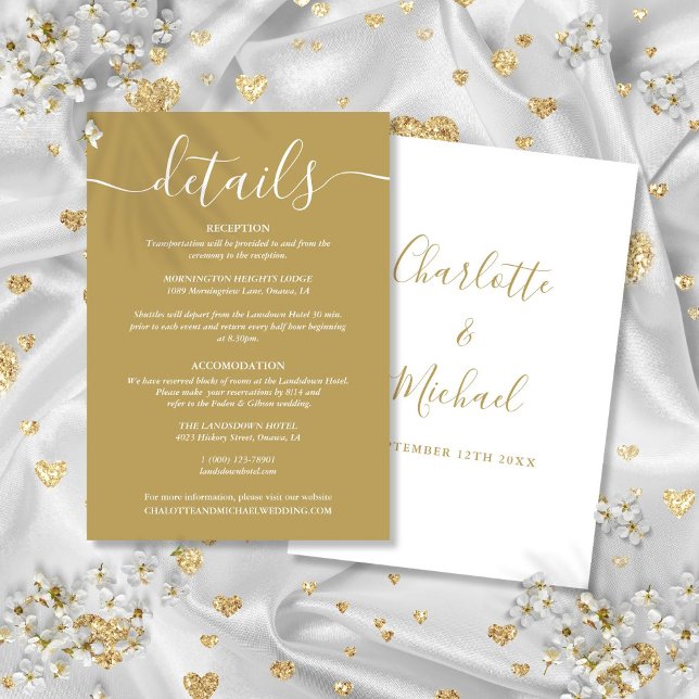 Carte D'accompagnement Informations sur le Mariage Gold Script (Script Gold Wedding Details Information Enclosure Card)