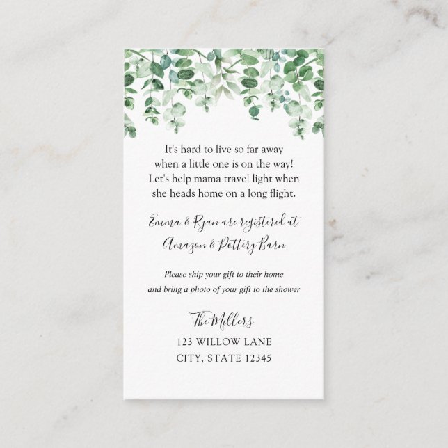 Carte D'accompagnement Infos de baby shower longue distance Eucalyptus (Devant)