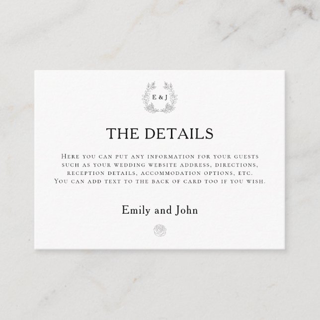 Carte D'accompagnement Initiales du monogramme feuille Texte noir Détails (Devant)