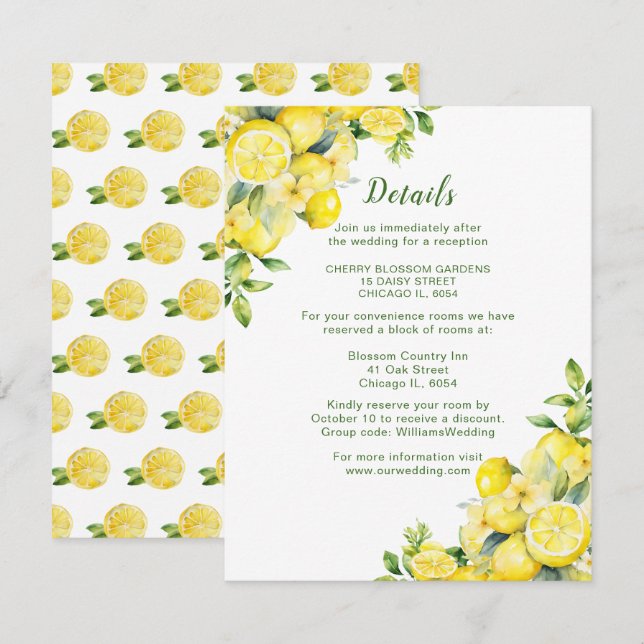 Carte D'accompagnement Italien Lemon Greenery Détails du Mariage (Devant / Derrière)