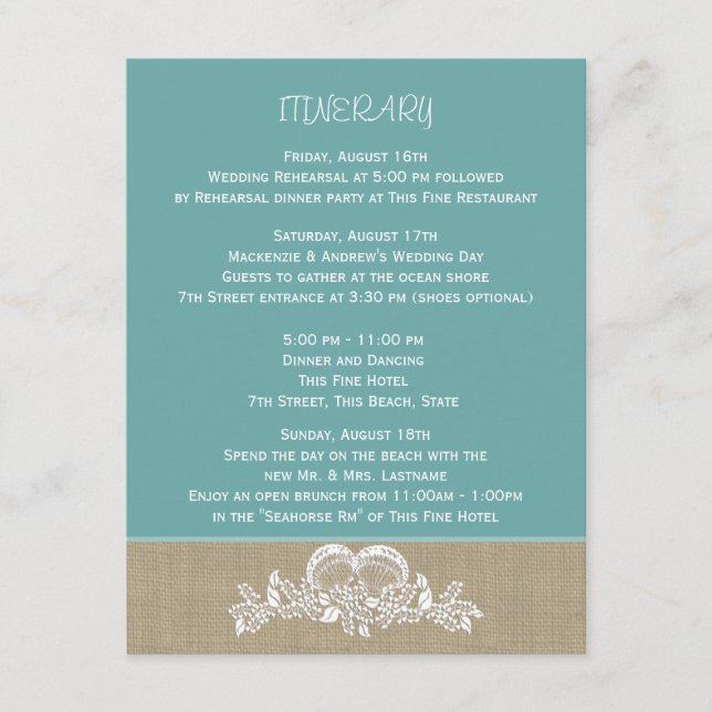 Carte D'accompagnement Itinéraire de mariage de Sea Garland Beach (Devant)