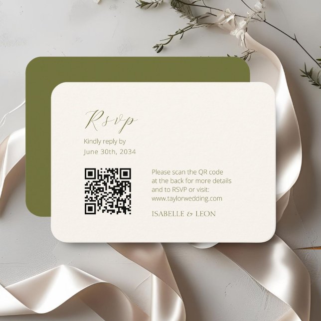Carte D'accompagnement ivoire et olive | Mariage de code QR simple Chic (Créateur téléchargé)