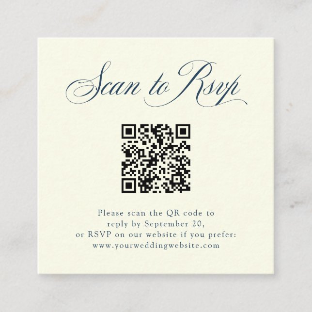 Carte D'accompagnement Ivory et Blue Italian Elegance RSVP avec QR Code (Devant)