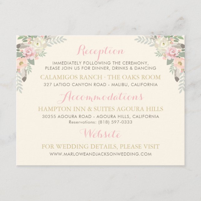 Carte D'accompagnement Ivory Pink Gold Floral Boho Information Mariage (Devant)
