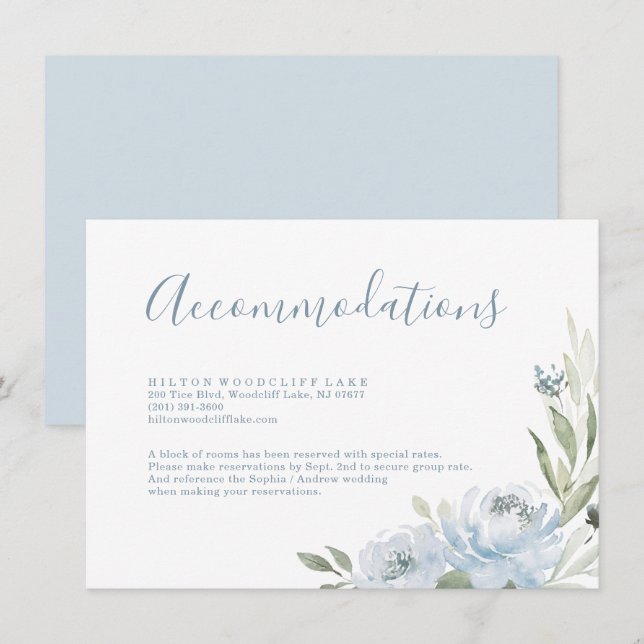 Carte D'accompagnement Jardin romantique dusté bleu fleuri hébergement (Devant / Derrière)