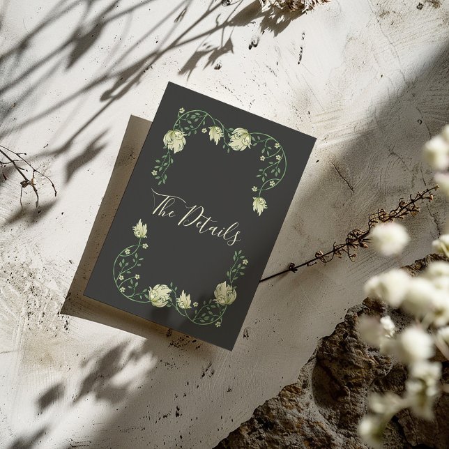 Carte D'accompagnement Joli Art nouveau fleurs blanches Les détails (Dark background Art Nouveau style pretty flowers frame with "The Details" written in elegent script)