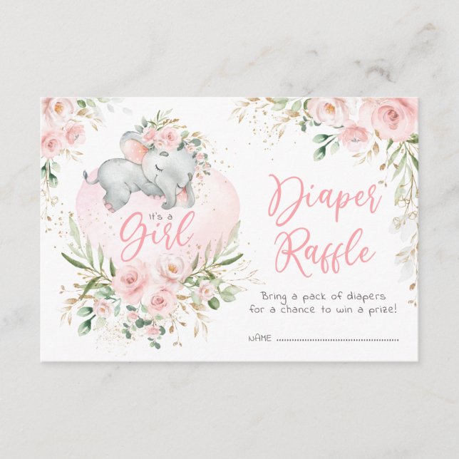 Carte D'accompagnement Joli bébé Eléphant Blush Roses Déchets Raffle (Devant)