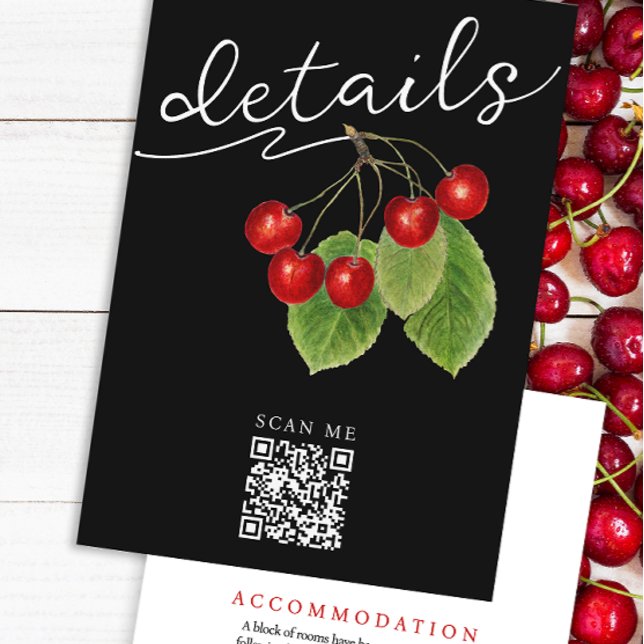 Carte D'accompagnement Joli Black Red Cherries QR Code Détails du Mariage (Créateur téléchargé)