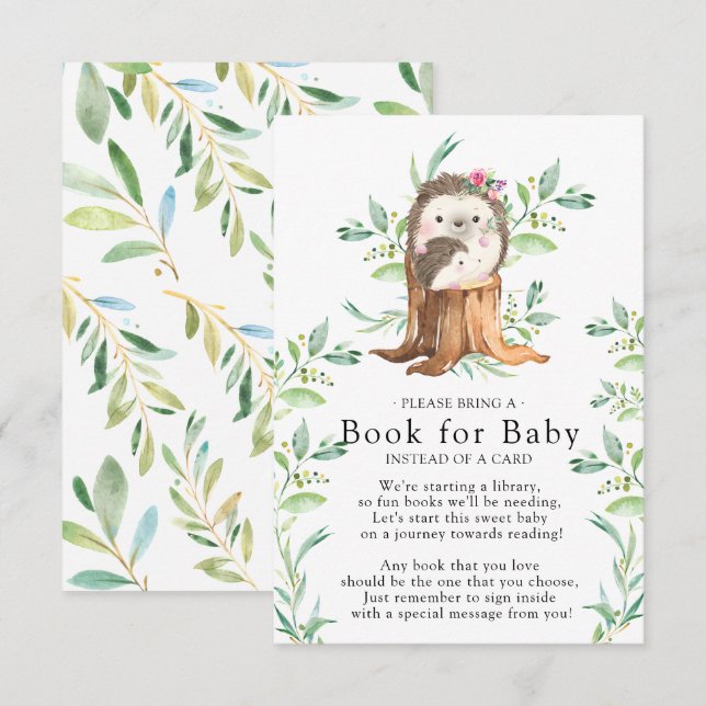 Carte D'accompagnement Joli livre de Baby shower de hérisson pour la cart (Devant / Derrière)