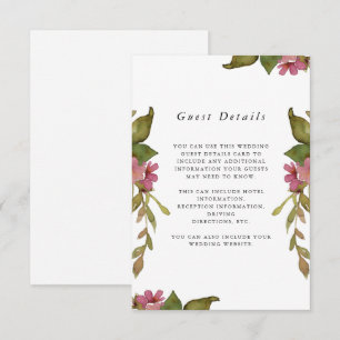 Carte D'accompagnement Joli rose Floral Mariage Détails de l'invité