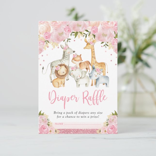 Carte D'accompagnement Jolie Jungle Safari Blush Floral Diaper Raffle (Debout devant)
