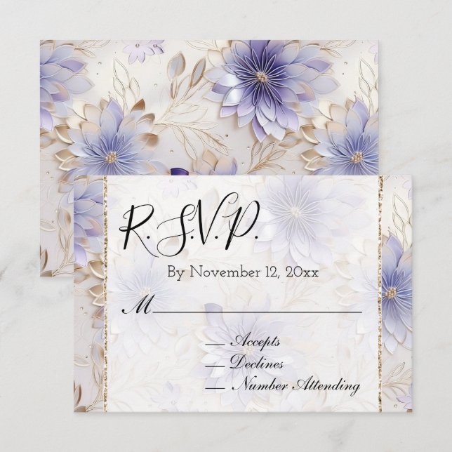 Carte D'accompagnement Jolie perle violette or floral mariage RSVP (Devant / Derrière)