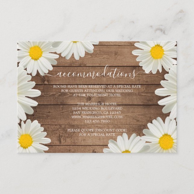 Carte D'accompagnement Jolies marguerites Rustic Wood Information Mariage (Devant)