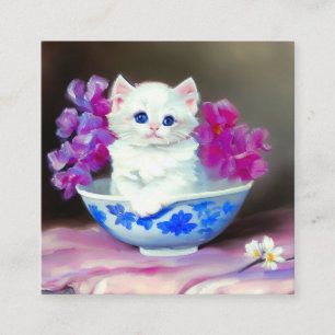 Carte D'accompagnement Kitten blanc vintage aux fleurs roses