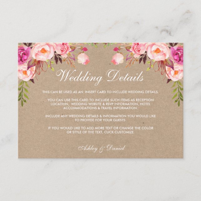 Carte D'accompagnement Kraft Floral Rose Détails du Mariage Insérer une c (Devant)