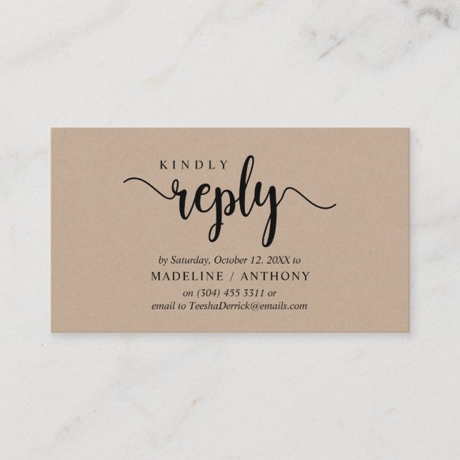 Carte D'accompagnement Kraft rustique moderne, police noire, réponse RSVP (Devant)