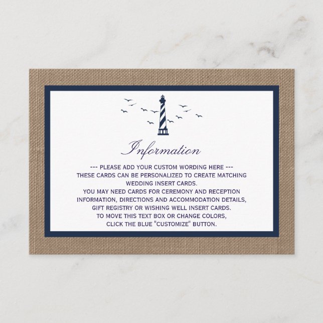 Carte D'accompagnement La collection Mariage de Burlap du phare nautique (Devant)