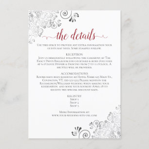 Carte D'accompagnement Lacy Silver Red Calligraphy White Mariage Détails