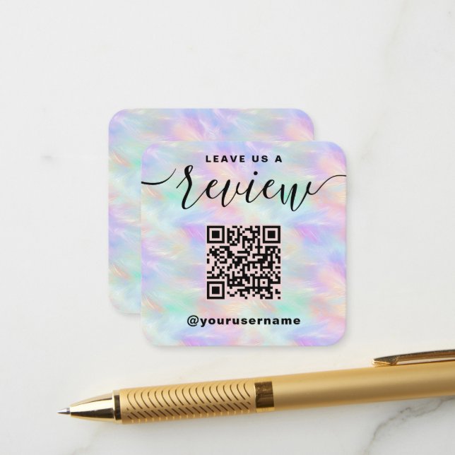 Carte D'accompagnement Laisser-Nous Un Avis QR Code Iridescente Logo Élég (Devant/Arrière en situation)