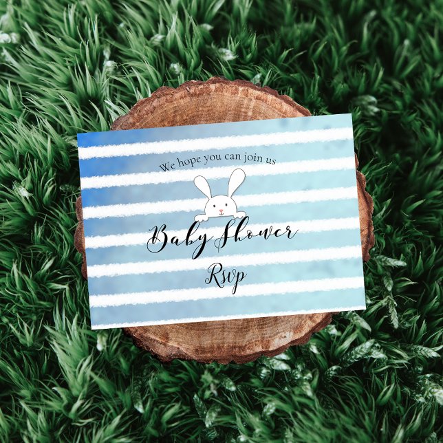 Carte D'accompagnement Lapin blanc Bébé Fête Naissance RSVP rayure bleue (Créateur téléchargé)