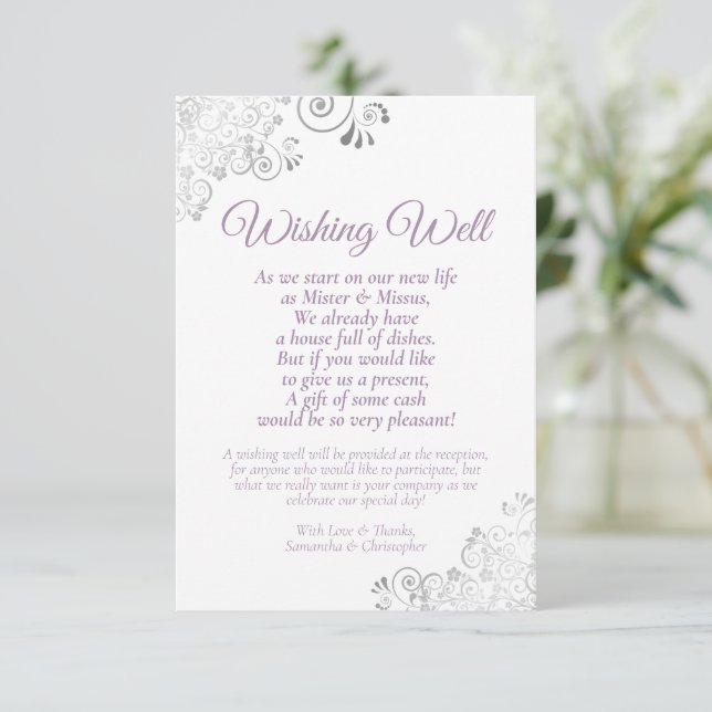 Carte D'accompagnement Lavande et Mariage blanc en argent qui souhaitent  (Debout devant)