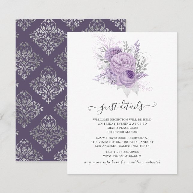 Carte D'accompagnement Lavande et Mariage Floral Argent Détails de l'invi (Devant / Derrière)