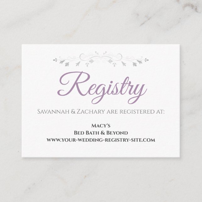 Carte D'accompagnement Lavande Purple & Grey Elegant Wedding Registry (Devant)