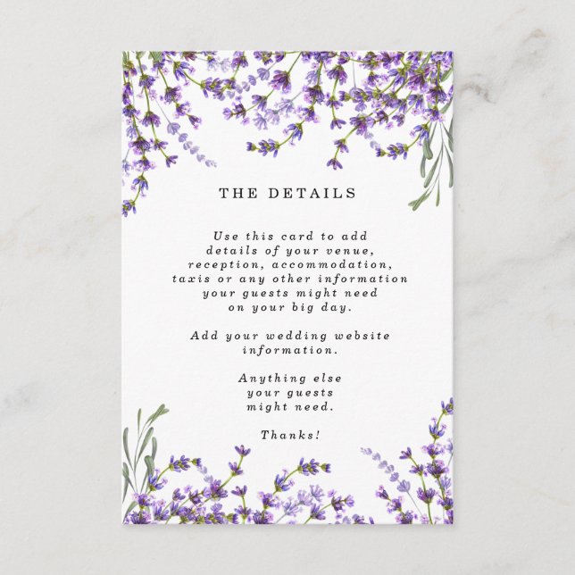 Carte D'accompagnement lavender boho floral mariage détails informations (Devant)