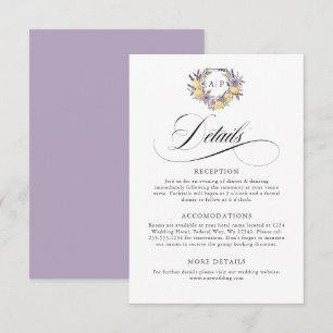 Carte D'accompagnement Lavender Lemon Monogram Floral Crest Détails