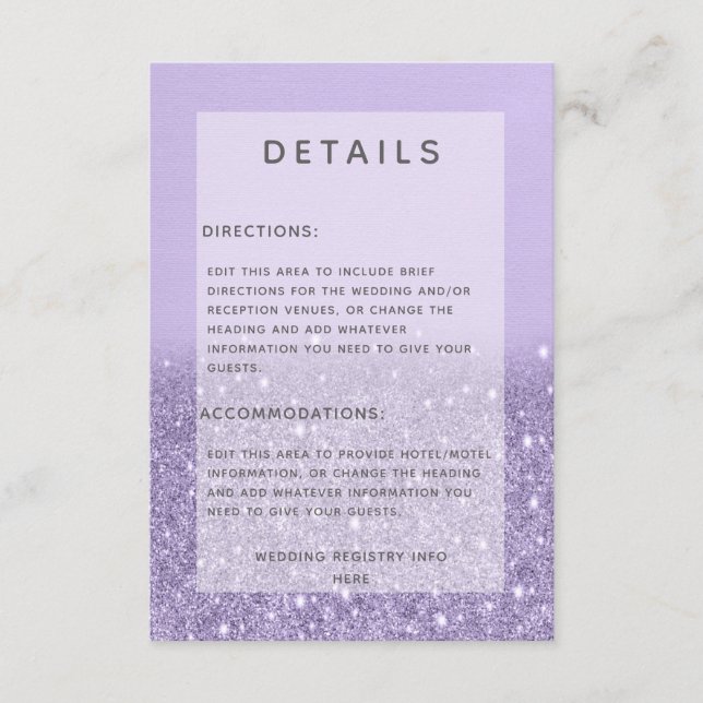 Carte D'accompagnement Lavender Parties scintillant Modern Mariage Détail (Devant)