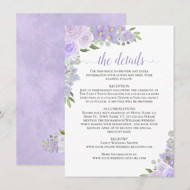 Carte D'accompagnement Lavender Roses Rustic Boho Chic Détails du Mariage (Devant / Derrière)