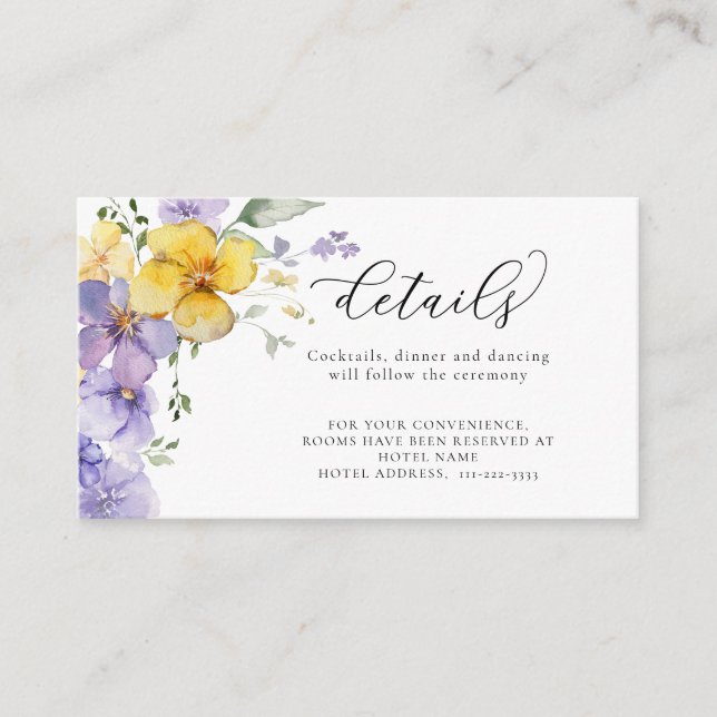 Carte D'accompagnement Lavender Yellow Purple Flowers Détails du Mariage (Devant)