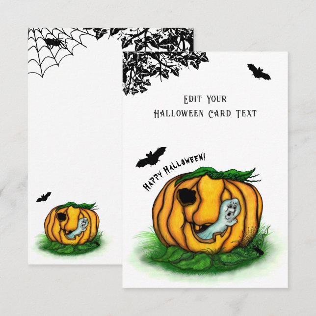 Carte D'accompagnement Le fantôme d'Halloween, chauve-souris, fantôme et  (Devant / Derrière)