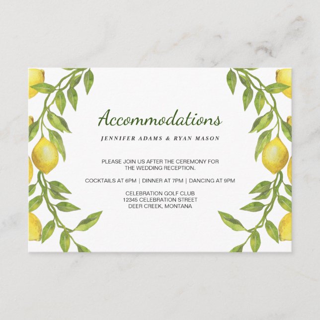 Carte D'accompagnement Lemons Blossom Verdure Mariage Logements (Devant)